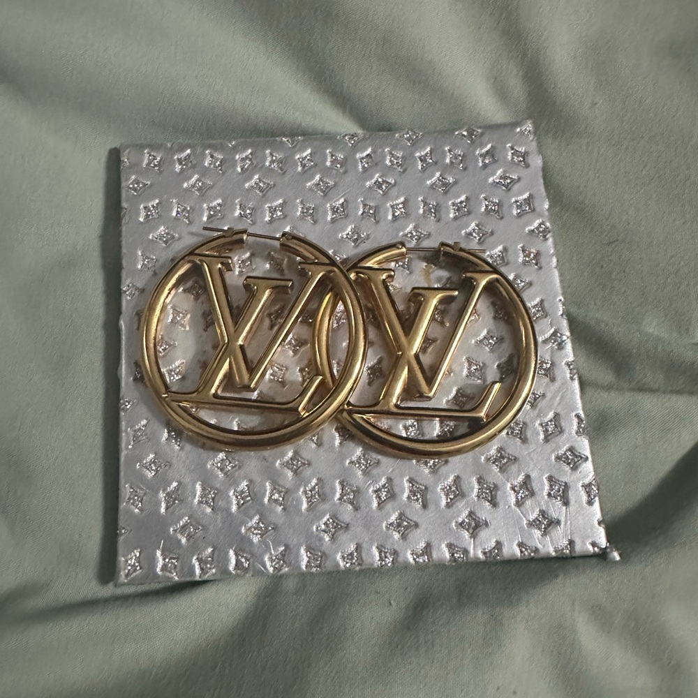 Louis Vuitton Gold Logo Hoop Earrings - Picture 4 of 12